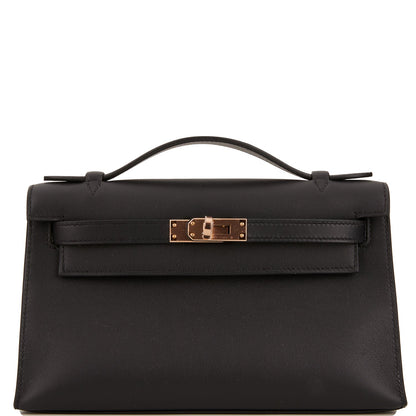 Hermes Kelly Pochette Black Swift Rose Gold Hardware