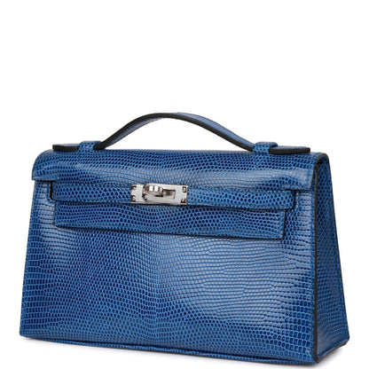 Hermes Kelly Pochette Bleu Saphir Lizard Palladium Hardware