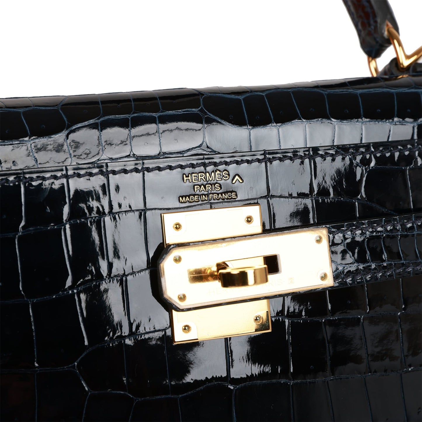 Hermes Kelly Sellier 28 Bleu Baltique Shiny Porosus Crocodile Gold Hardware