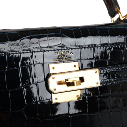 Hermes Kelly Sellier 28 Bleu Baltique Shiny Porosus Crocodile Gold Hardware