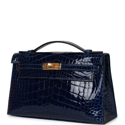 Hermes Kelly Pochette Bleu Saphir Shiny Alligator Gold Hardware