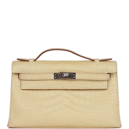 Hermes Kelly Pochette Vanille Matte Alligator Palladium Hardware