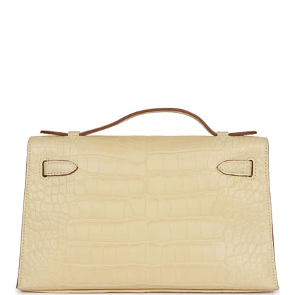 Hermes Kelly Pochette Vanille Matte Alligator Palladium Hardware