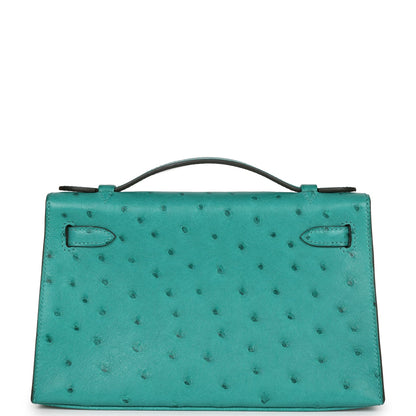 Hermes Kelly Pochette Vert Verone Ostrich Gold Hardware