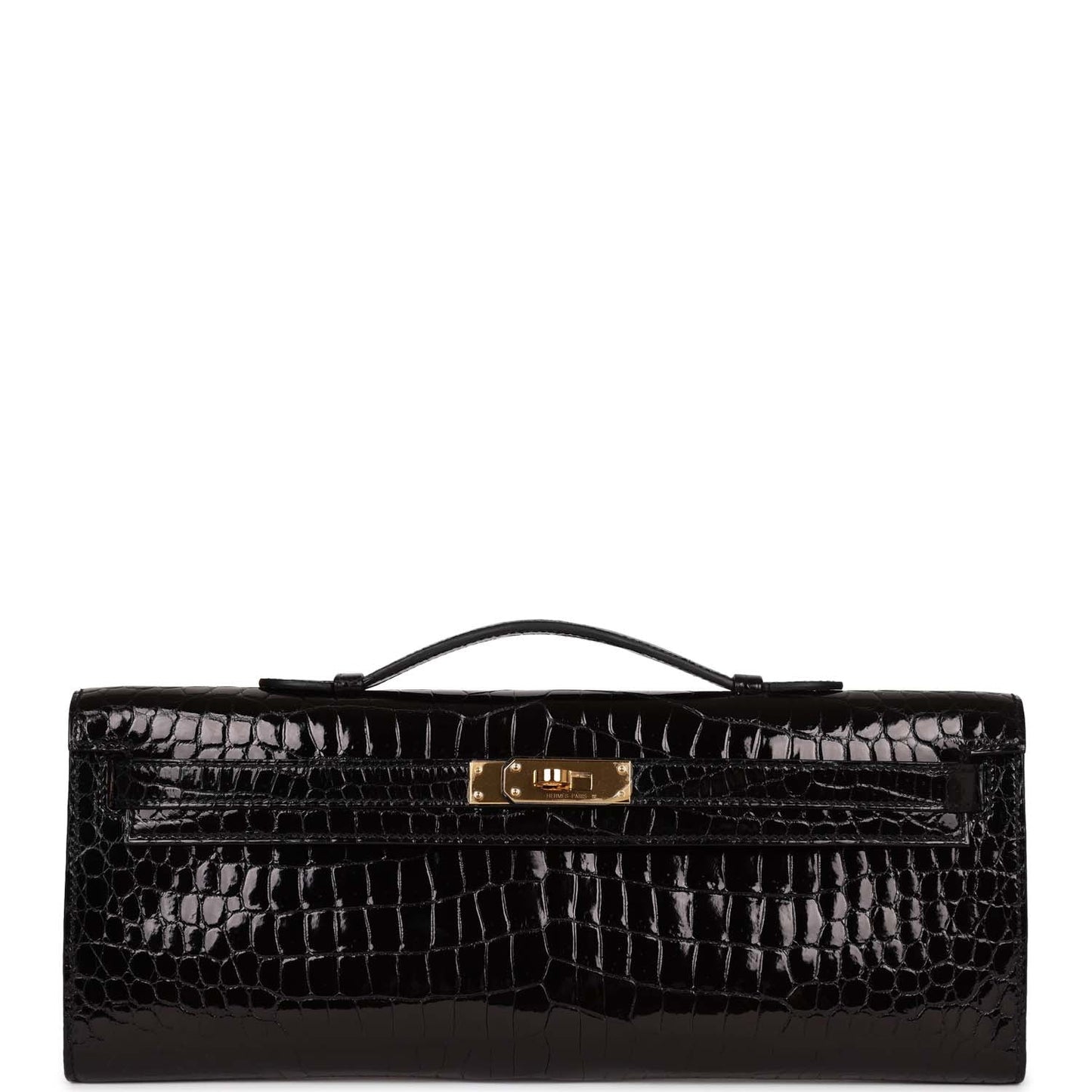 Hermes Kelly Cut Black Shiny Porosus Crocodile Gold Hardware