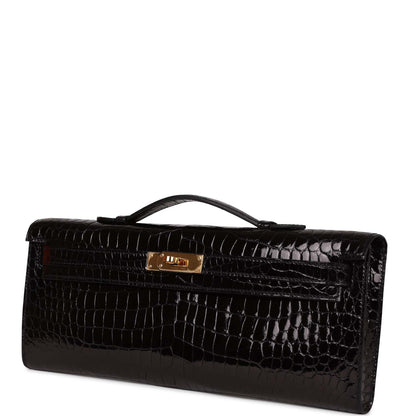 Hermes Kelly Cut Black Shiny Porosus Crocodile Gold Hardware