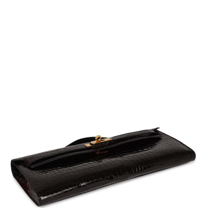 Hermes Kelly Cut Black Shiny Porosus Crocodile Gold Hardware