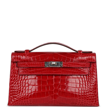 Hermes Kelly Pochette Braise Shiny Alligator Palladium Hardware