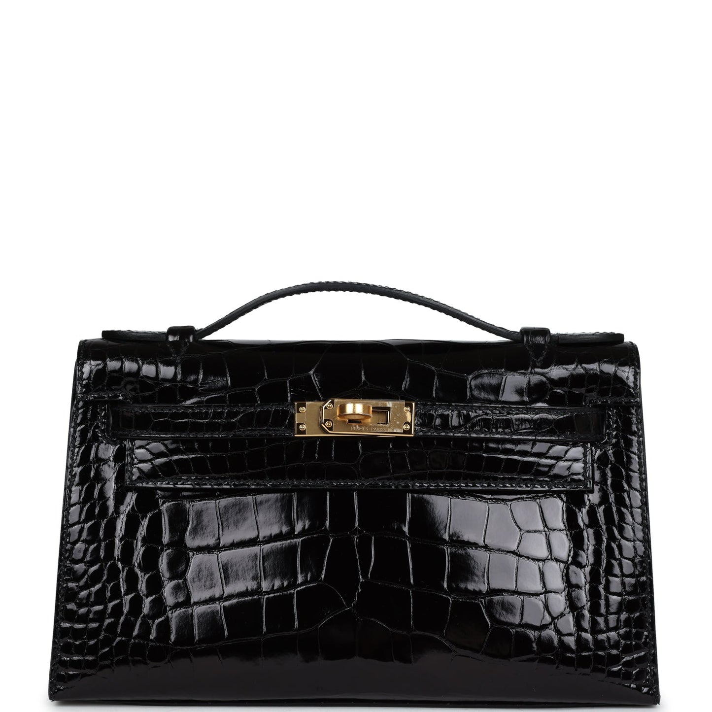 Hermes Kelly Pochette Black Shiny Alligator Gold Hardware