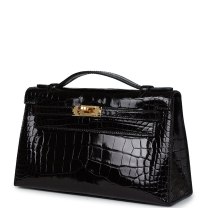 Hermes Kelly Pochette Black Shiny Alligator Gold Hardware