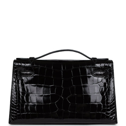 Hermes Kelly Pochette Black Shiny Alligator Gold Hardware