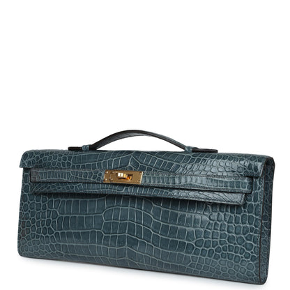 Hermes Kelly Cut Colvert Shiny Porosus Crocodile Gold Hardware