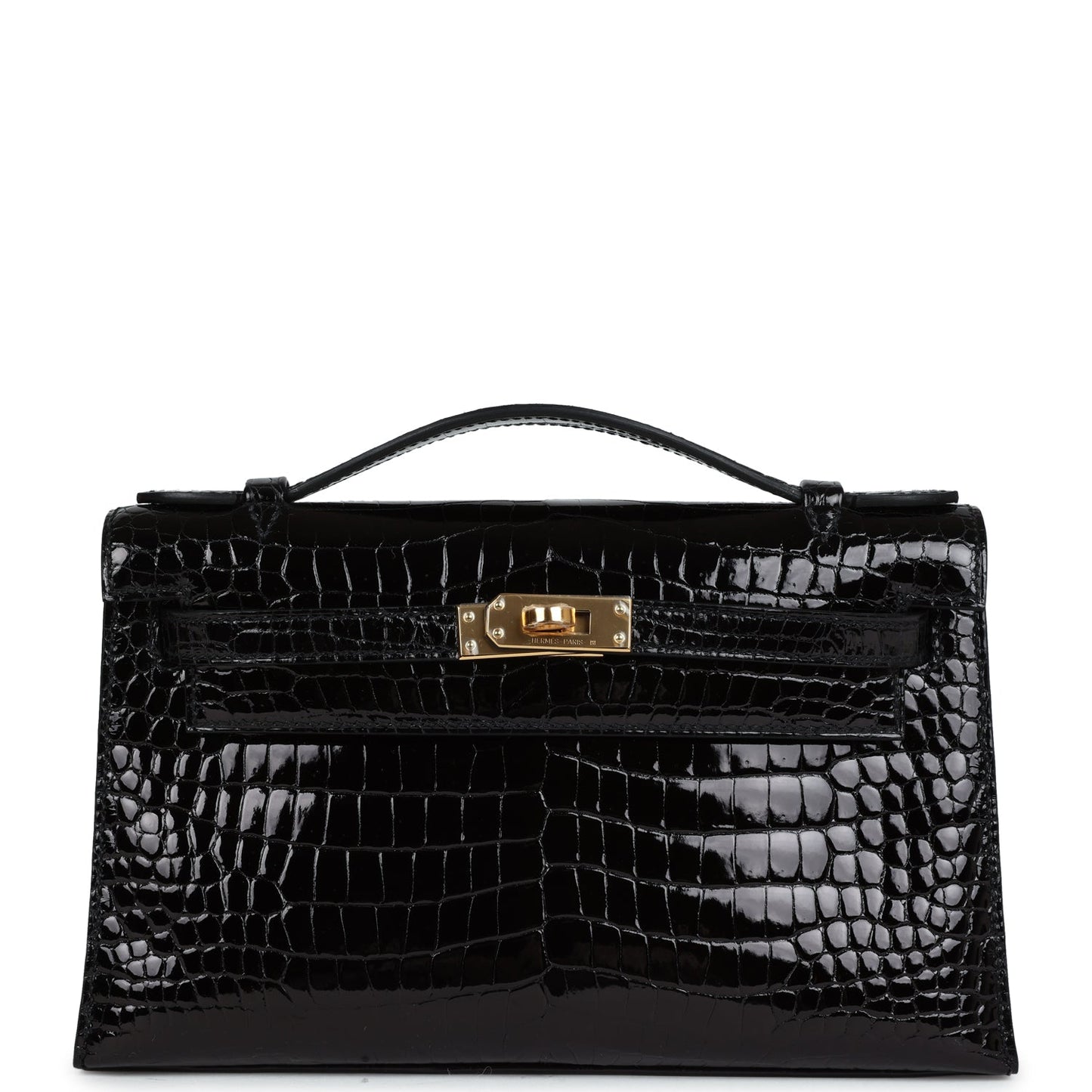 Hermes Kelly Pochette Black Shiny Porosus Crocodile Gold Hardware