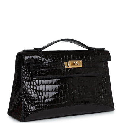 Hermes Kelly Pochette Black Shiny Porosus Crocodile Gold Hardware