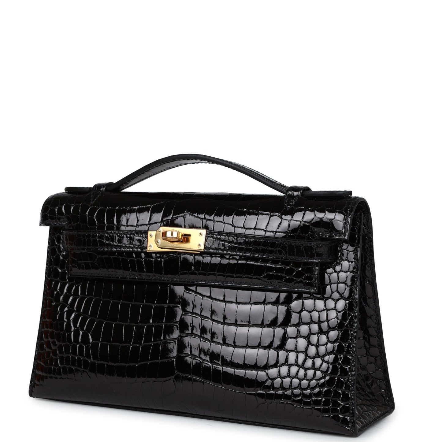 Hermes Kelly Pochette Black Shiny Porosus Crocodile Gold Hardware