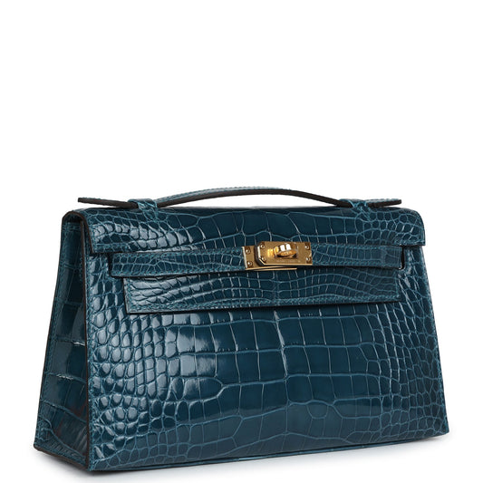 Hermes Kelly Pochette Vert Bosphore Shiny Alligator Gold Hardware