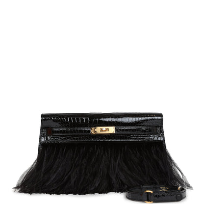 Hermes Kelly Elan Foile Black Shiny Porosus Crocodile and Ostrich Feather Gold Hardware