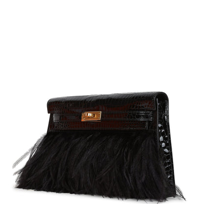 Hermes Kelly Elan Foile Black Shiny Porosus Crocodile and Ostrich Feather Gold Hardware