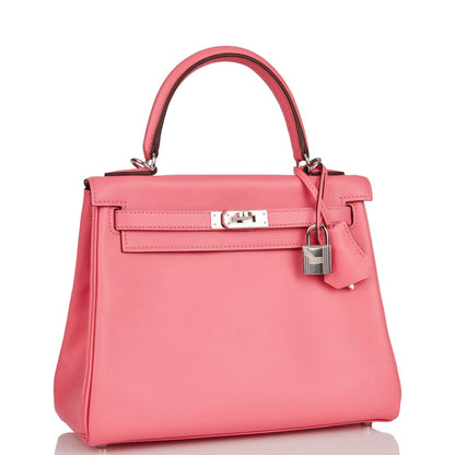 Hermes Kelly Retourne 25 Rose Azalee Swift Palladium Hardware