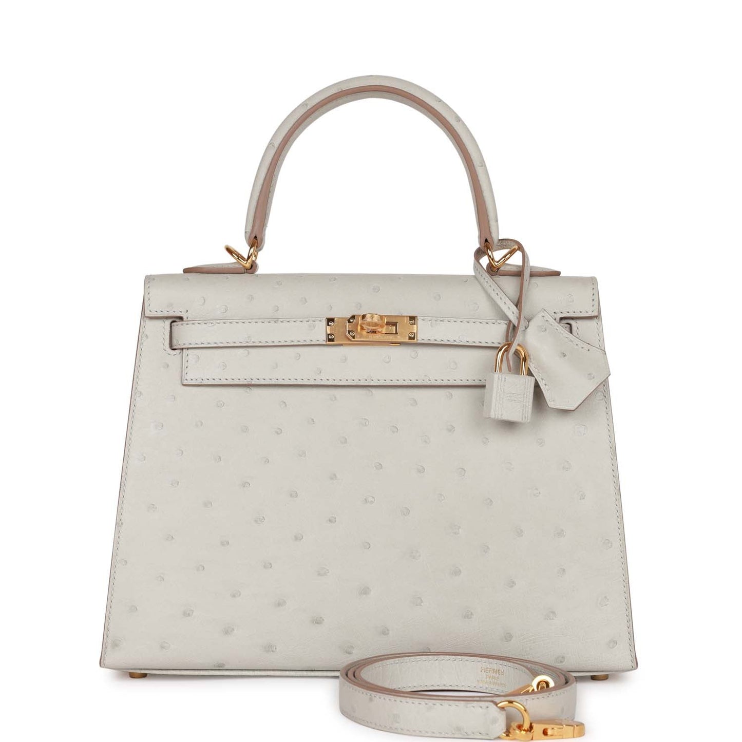 Hermes Kelly Sellier 25 Gris Perle Ostrich Gold Hardware