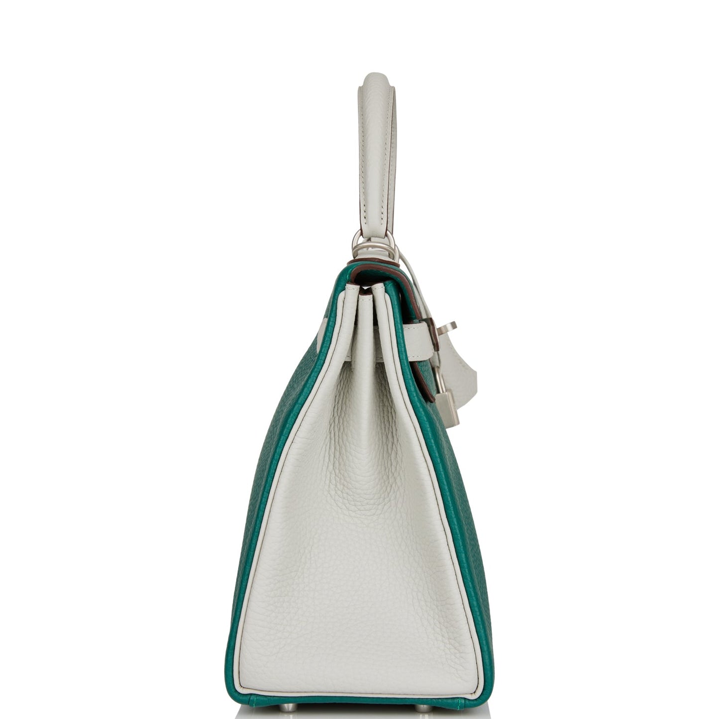 Hermes Special Order (HSS) Kelly Retourne 28 Malachite and Gris Perle Clemence Brushed Palladium Hardware