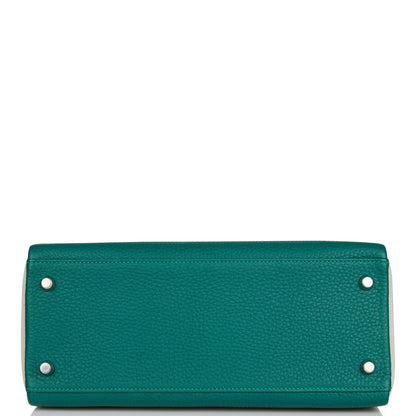 Hermes Special Order (HSS) Kelly Retourne 28 Malachite and Gris Perle Clemence Brushed Palladium Hardware