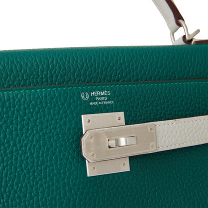 Hermes Special Order (HSS) Kelly Retourne 28 Malachite and Gris Perle Clemence Brushed Palladium Hardware