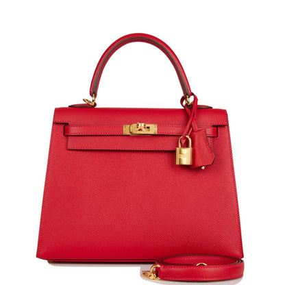 Hermes Kelly Sellier 25 Rouge Casaque Epsom Gold Hardware