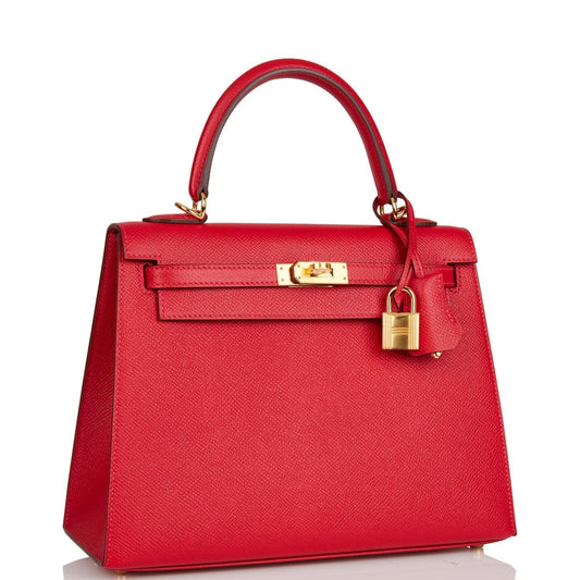 Hermes Kelly Sellier 25 Rouge Casaque Epsom Gold Hardware