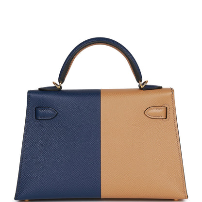 Hermes Special Order (HSS) Kelly Sellier 20 Casaque Sesame and Bleu Saphir Epsom Gold Hardware