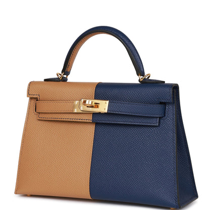 Hermes Special Order (HSS) Kelly Sellier 20 Casaque Sesame and Bleu Saphir Epsom Gold Hardware