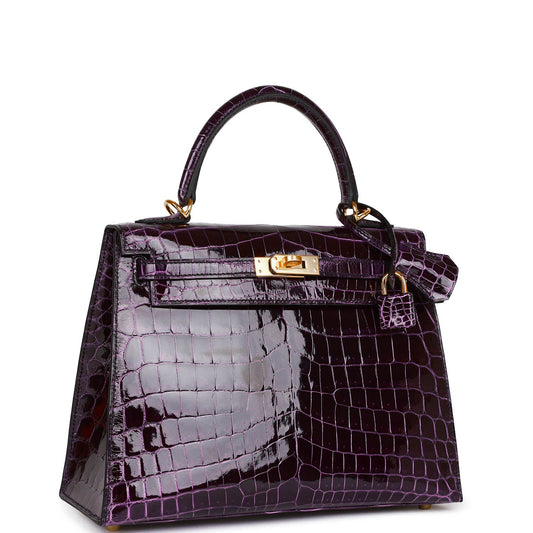 Hermes Kelly Sellier 25 Aubergine Shiny Niloticus Crocodile Gold Hardware