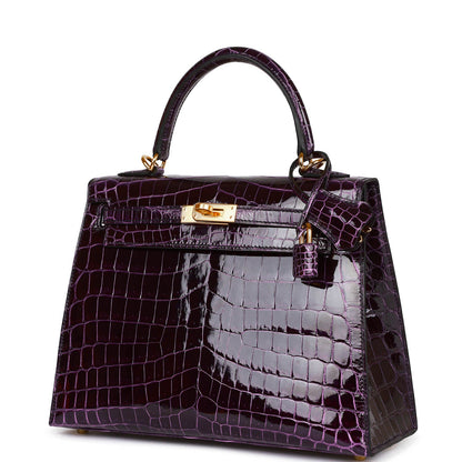 Hermes Kelly Sellier 25 Aubergine Shiny Niloticus Crocodile Gold Hardware