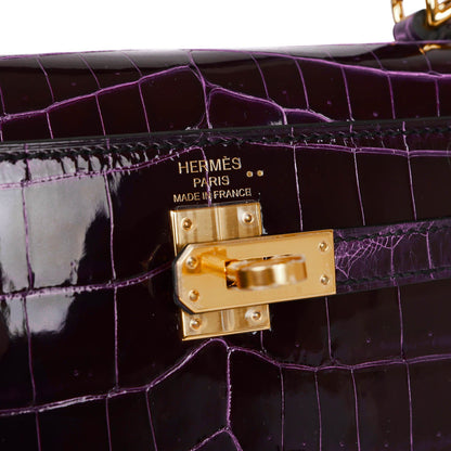 Hermes Kelly Sellier 25 Aubergine Shiny Niloticus Crocodile Gold Hardware