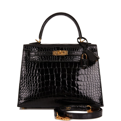 Hermes Kelly Sellier 25 Black Shiny Alligator Gold Hardware