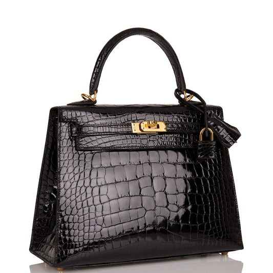 Hermes Kelly Sellier 25 Black Shiny Alligator Gold Hardware