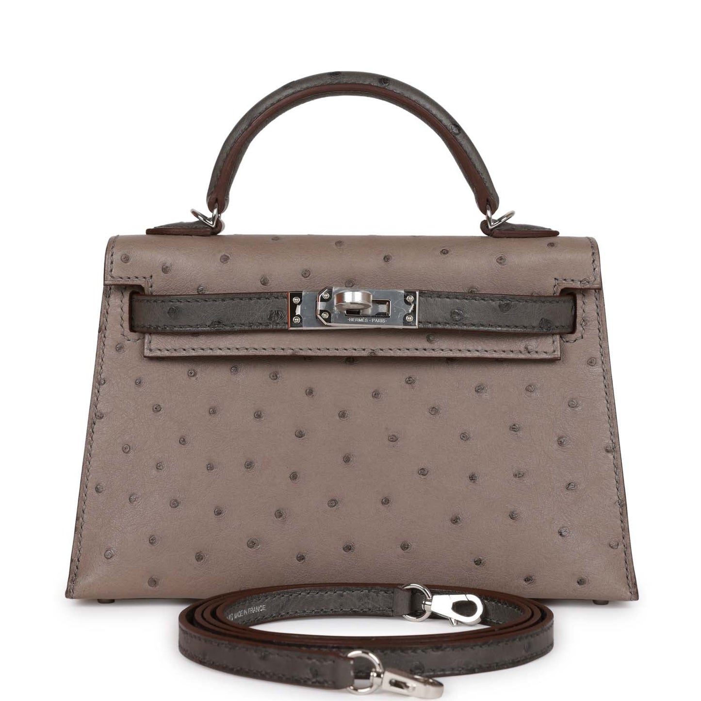 Hermes Special Order (HSS) Kelly Sellier 20 Gris Tourterelle and Graphite Ostrich Palladium Hardware