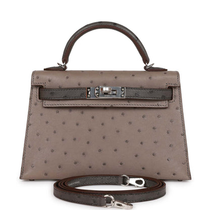 Hermes Special Order (HSS) Kelly Sellier 20 Gris Tourterelle and Graphite Ostrich Palladium Hardware