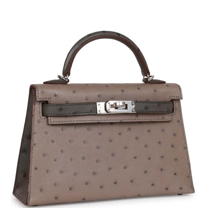 Hermes Special Order (HSS) Kelly Sellier 20 Gris Tourterelle and Graphite Ostrich Palladium Hardware