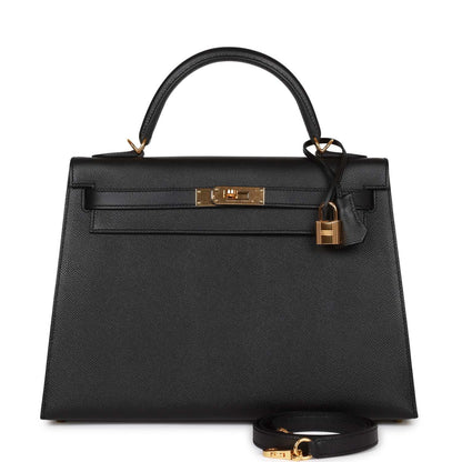 Hermes Kelly Sellier 32 Black Epsom Gold Hardware