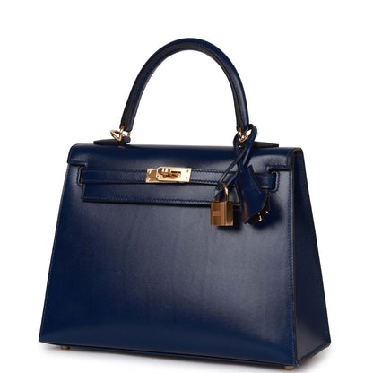 Hermes Kelly Sellier 25 Bleu Saphir Box Gold Hardware