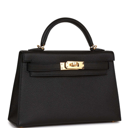 Hermes Kelly Sellier 20 Black Epsom Gold Hardware