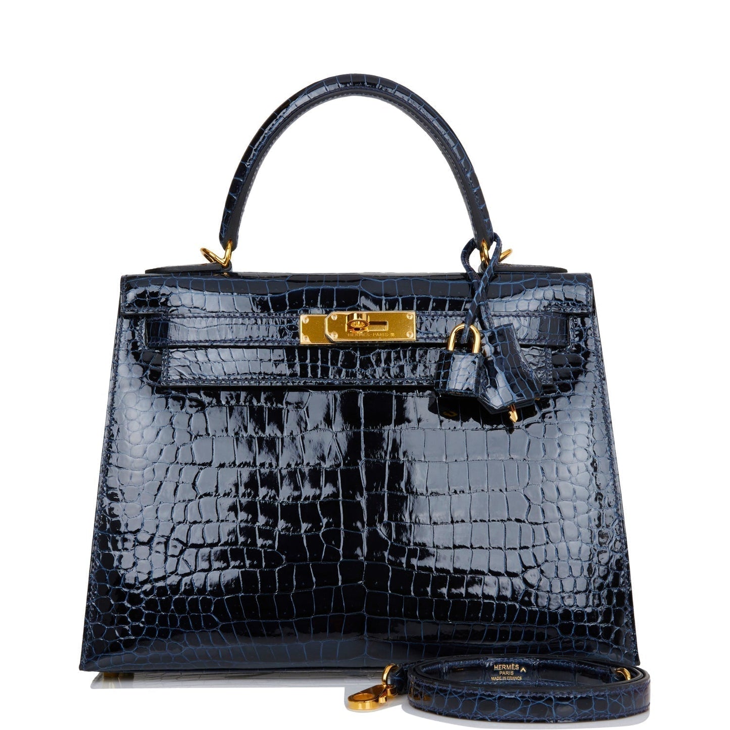 Hermes Kelly Sellier 28 Bleu Baltique Shiny Porosus Crocodile Gold Hardware