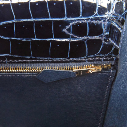 Hermes Kelly Sellier 28 Bleu Baltique Shiny Porosus Crocodile Gold Hardware