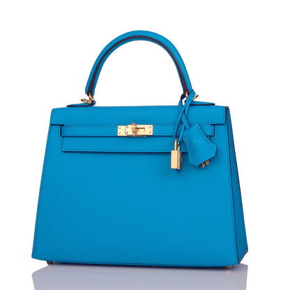 Hermes Kelly Sellier 25 Bleu Frida Epsom Gold Hardware