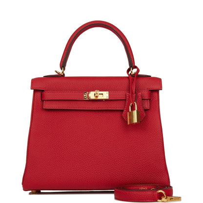 Hermes Kelly Retourne 25 Rouge Casaque Togo Gold Hardware