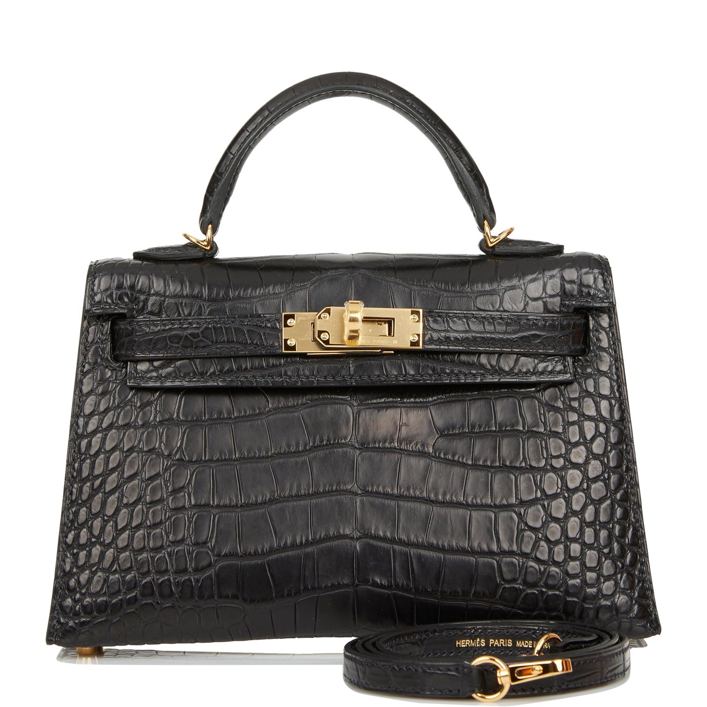 Hermes Kelly Sellier 20 Black Matte Alligator Gold Hardware