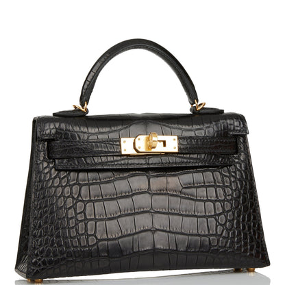 Hermes Kelly Sellier 20 Black Matte Alligator Gold Hardware