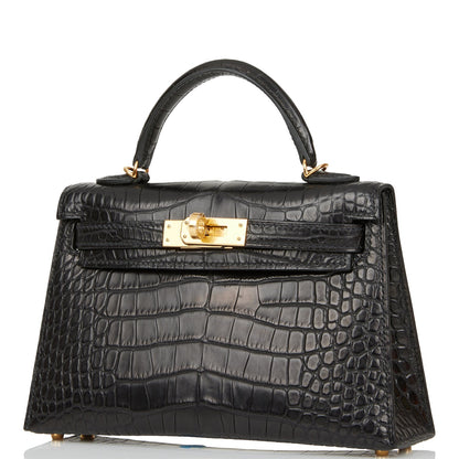 Hermes Kelly Sellier 20 Black Matte Alligator Gold Hardware