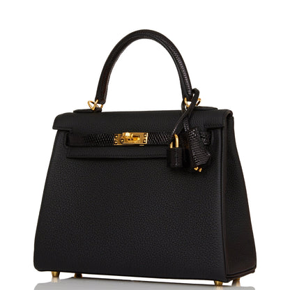 Hermes Kelly Retourne 25 Black Togo and Lizard Touch Gold Hardware